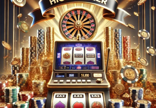 DALL·E 2024-11-21 14.03.35 - An engaging and luxurious image of a high-stakes online slot platform, featuring a digital slot machine surrounded by high-value chips, gold accents,