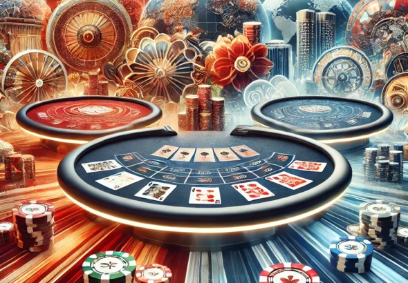 DALL·E 2024-11-21 14.07.43 - A colorful and dynamic image showcasing a themed baccarat platform, featuring tables styled with different global or cultural designs, like an Asian-t