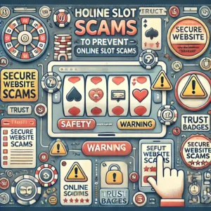 DALL·E 2024-11-23 13.11.16 - A detailed graphic illustrating how to prevent online slot scams, featuring secure website icons, warning signs, and trust badges. The image emphasize