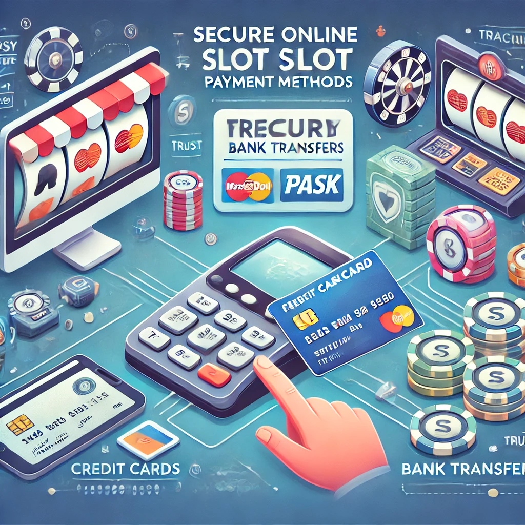 DALL·E 2024-11-26 11.24.23 - An educational illustration of secure online slot payment methods, including credit cards and bank transfers. The image highlights user-friendly inter