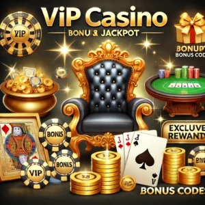 DALL·E 2024-11-26 11.34.51 - An engaging illustration of VIP casino bonuses and jackpot events, featuring luxury elements like a golden throne, shining coins, bonus codes, and a p