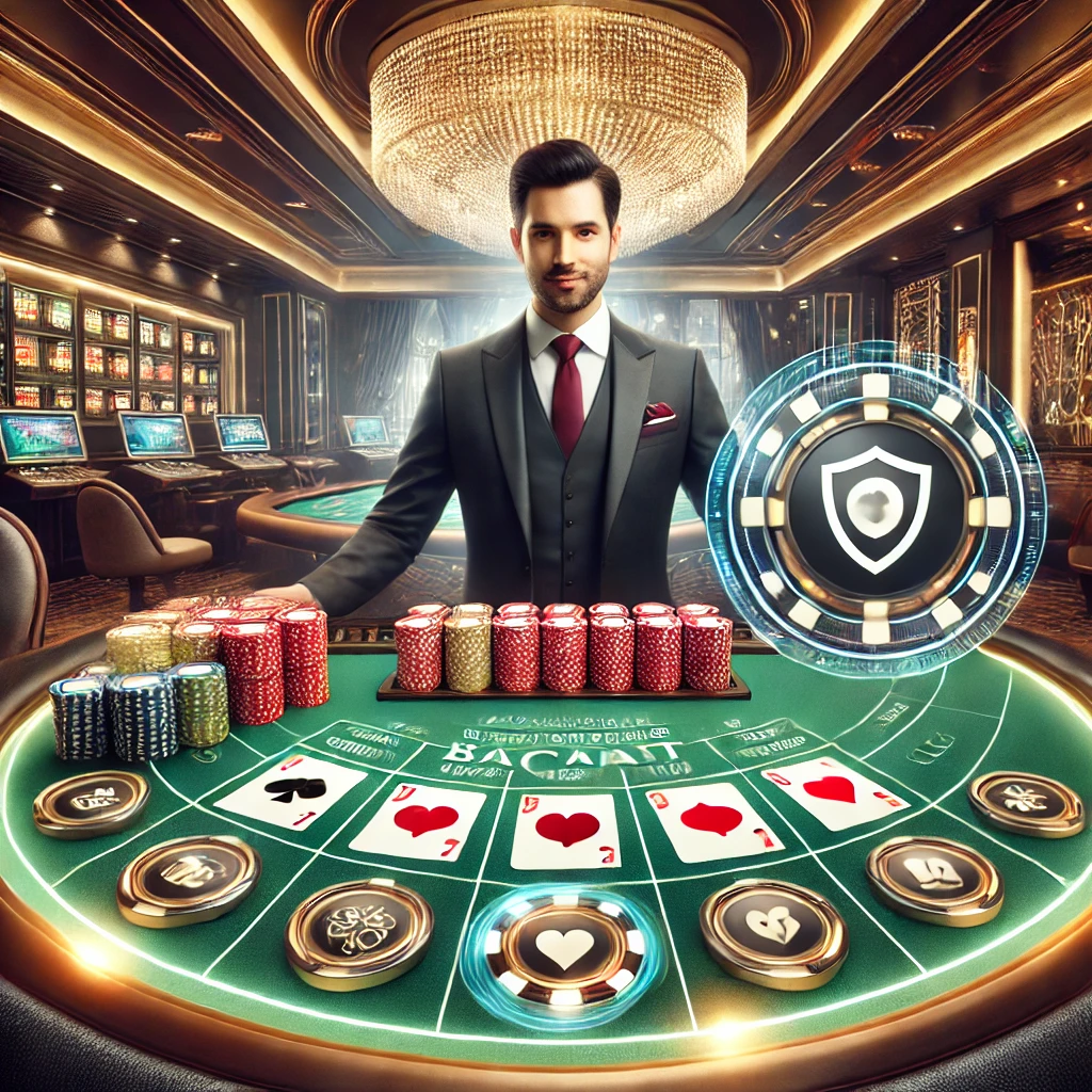 DALL·E 2024-11-27 11.21.04 - A luxurious depiction of an IGT-powered baccarat game featuring high-quality graphics, digital cards and chips, and a professional dealer. The environ