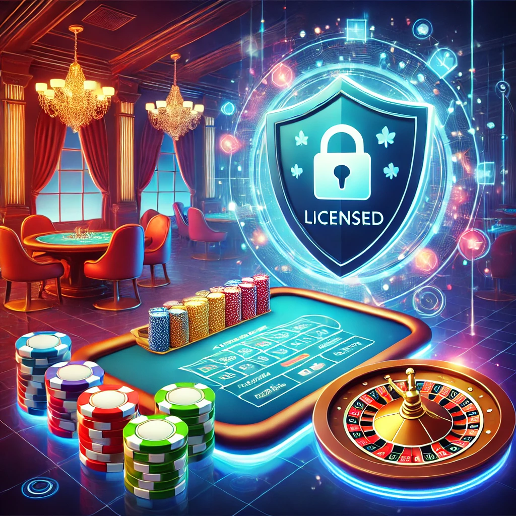 DALL·E 2024-11-27 11.26.19 - A vibrant illustration of a licensed online casino showcasing a digital baccarat table, glowing chips, and a roulette wheel. The scene includes a shie