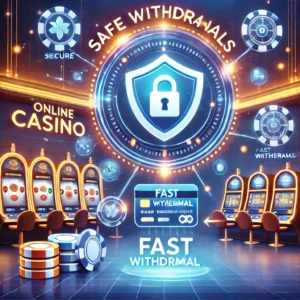 DALL·E 2024-11-27 11.31.20 - A bright and secure depiction of an online casino emphasizing safe withdrawals, featuring glowing shield icons, a digital payment interface, and fast