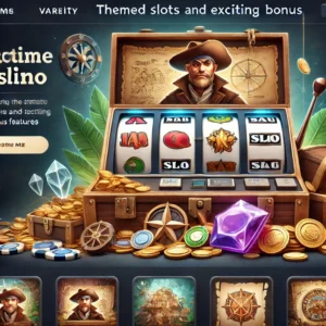 DALL·E 2024-11-28 11.55.30 - A modern online casino homepage with a themed slot machine displaying an adventure-themed design, including treasure maps and gems, highlighting the v