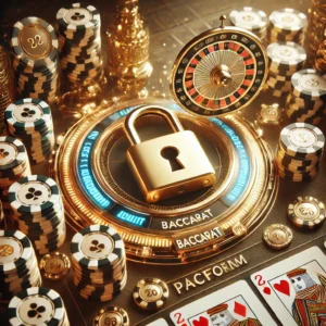 DALL·E 2024-11-28 11.59.38 - A secure and luxurious online baccarat platform interface with a digital padlock symbol, professional graphics, and an emphasis on player safety and f