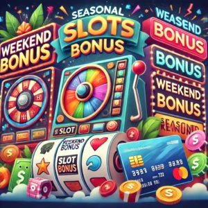 DALL·E 2024-11-29 11.07.30 - An engaging illustration of seasonal slot promotions and weekend events on an online casino platform. The image includes vibrant slot reels, promotion