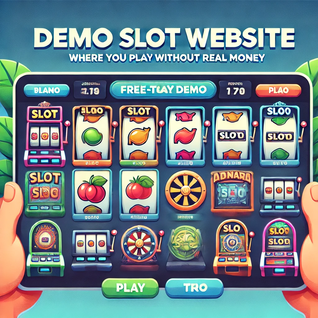 DALL·E 2024-11-30 11.20.07 - An illustration of a demo slot website where users can play without real money, featuring a variety of slot machines in vibrant colors. The website in