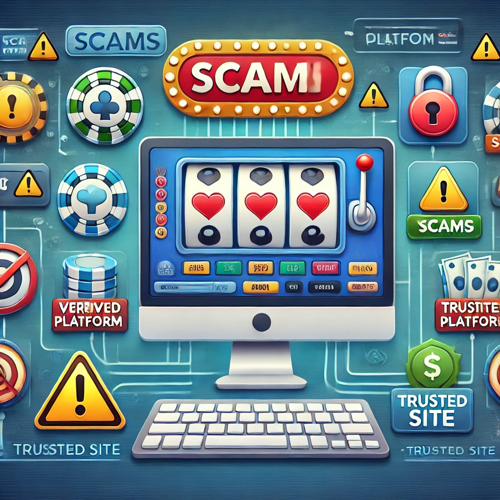 DALL·E 2024-12-04 11.08.28 - An illustration of a secure online slot platform with safety indicators. The image features a slot machine interface on a computer screen, surrounded