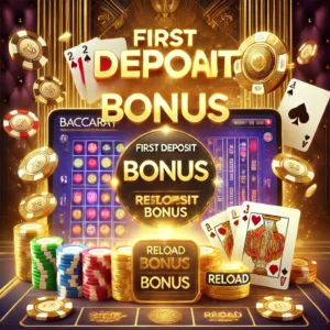 DALL·E 2024-12-02 10.50.04 - A vibrant image featuring an online baccarat bonus screen, with golden text displaying 'First Deposit Bonus' and 'Reload Bonus,' surrounded by virtual