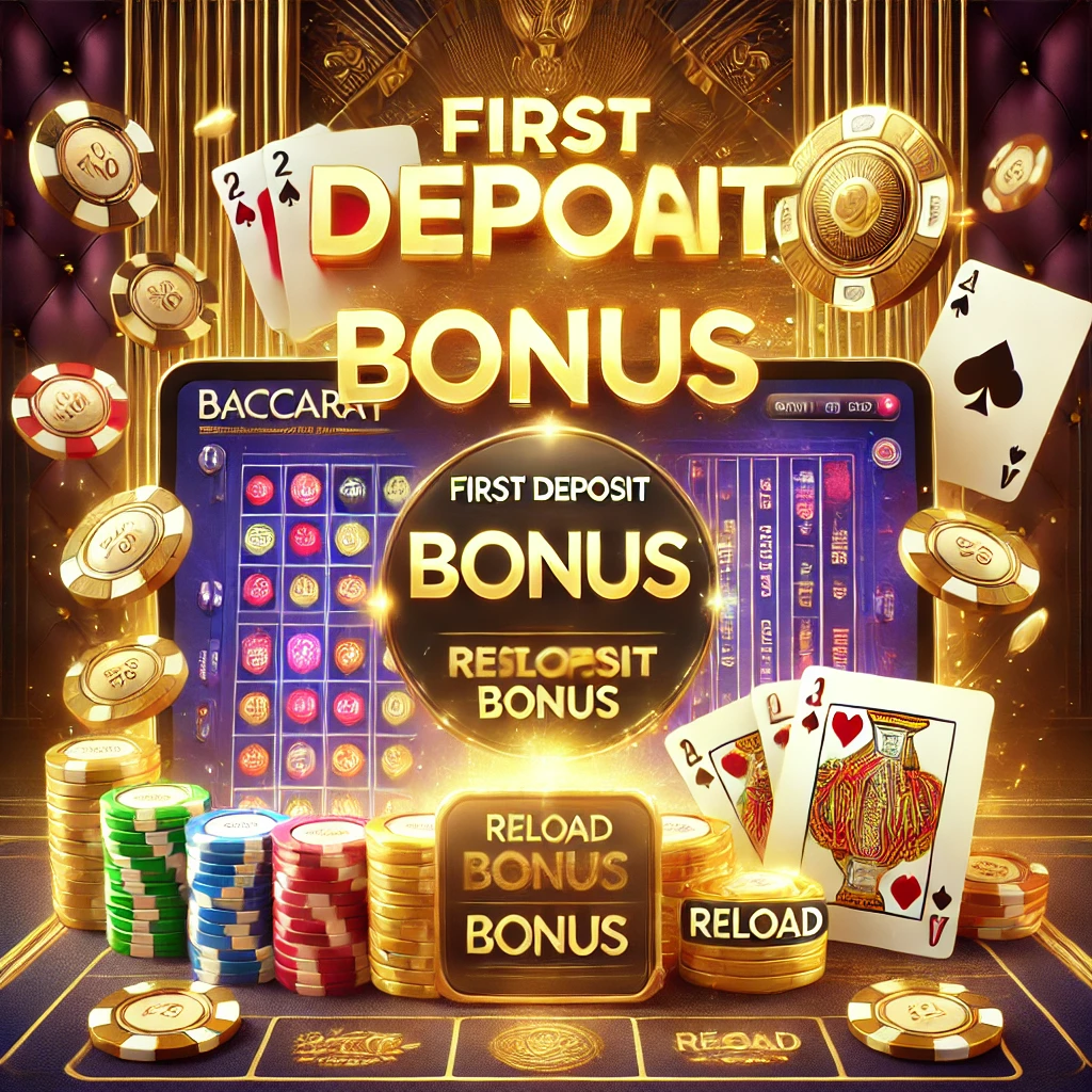 DALL·E 2024-12-02 10.50.04 - A vibrant image featuring an online baccarat bonus screen, with golden text displaying 'First Deposit Bonus' and 'Reload Bonus,' surrounded by virtual