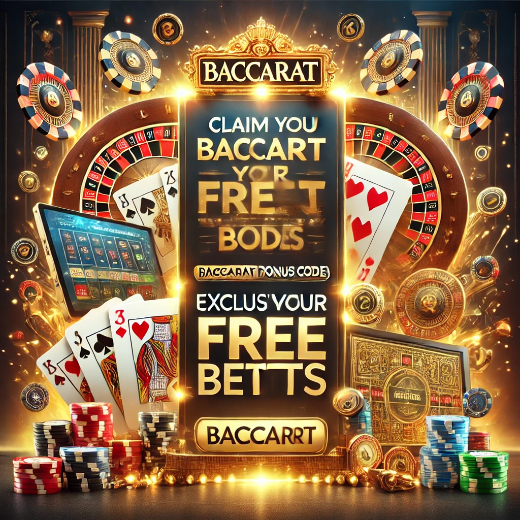 DALL·E 2024-12-02 10.54.04 - An eye-catching image of baccarat free betting promotion with digital banners that say 'Claim Your Free Bets' and 'Exclusive Baccarat Bonus Codes.' Th