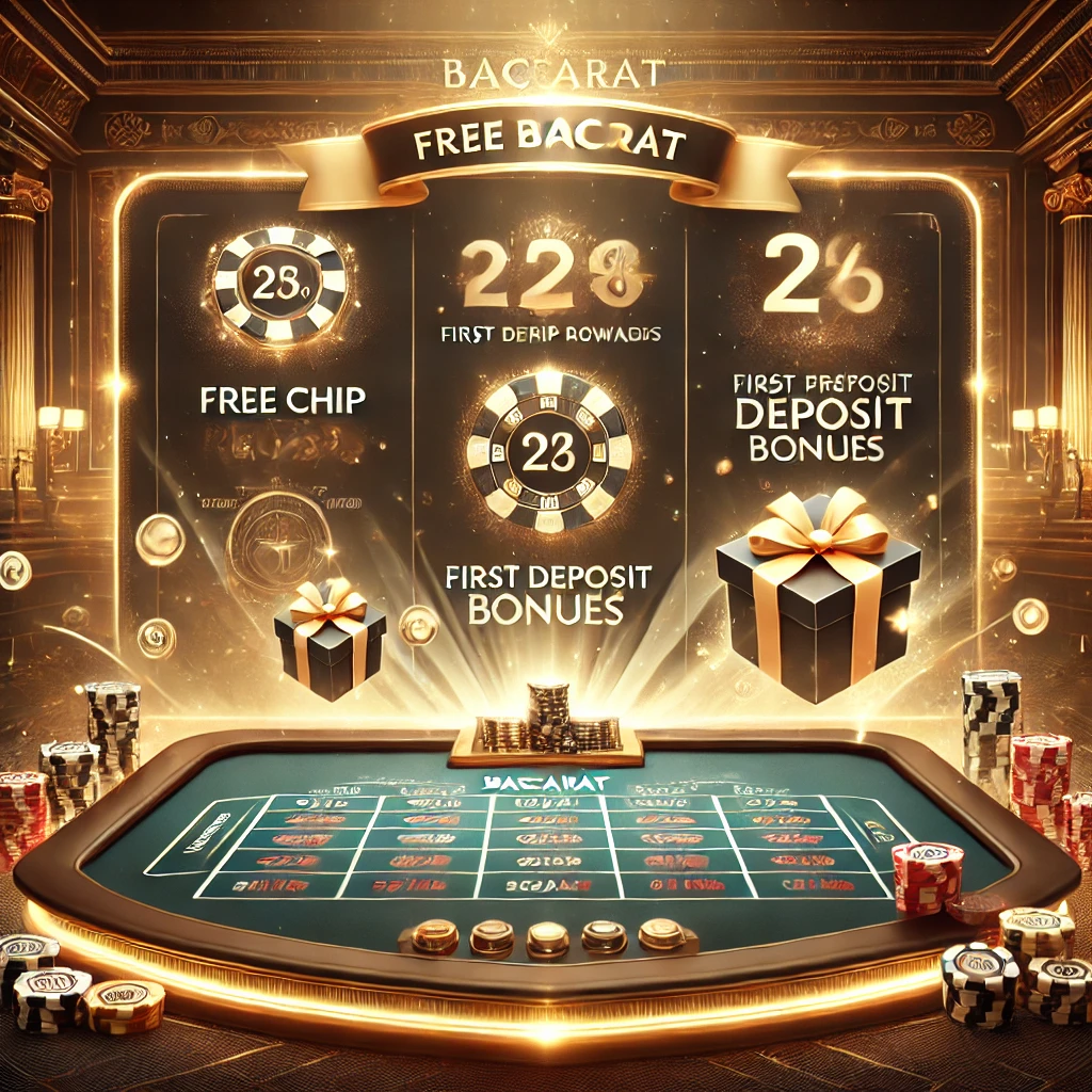 DALL·E 2024-12-04 10.16.40 - An elegant depiction of an online baccarat interface showcasing free chip rewards and first deposit bonuses. The scene includes a glowing baccarat tab