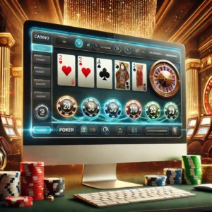 DALL·E 2024-12-05 10.40.03 - A modern and sleek image showcasing a web-based casino interface on a computer screen, featuring a variety of casino games like poker, roulette, slots